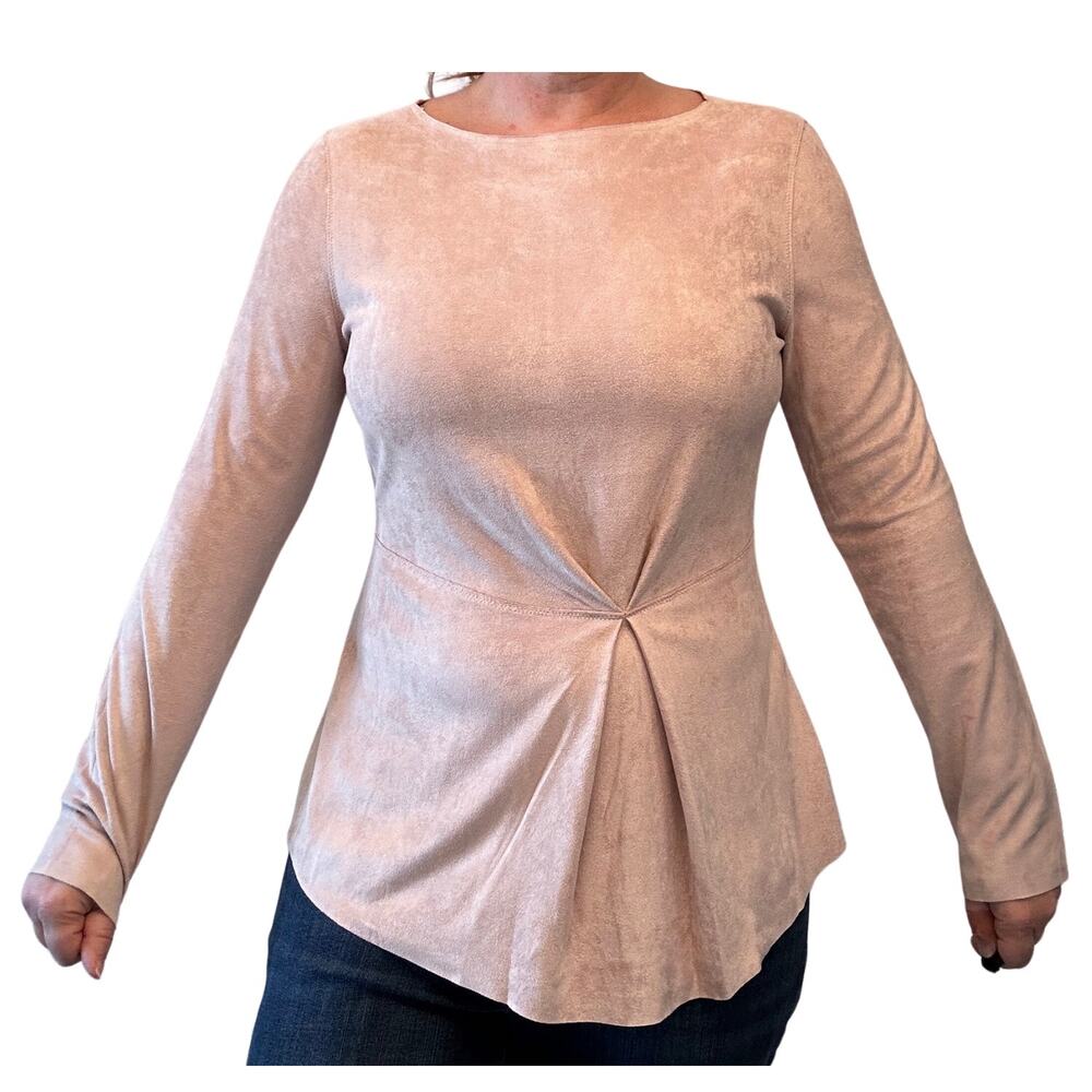 Pink Suede Shirt, NWT, Long Sleeve, Zipper Back, Draping, & Round Neck, Large
